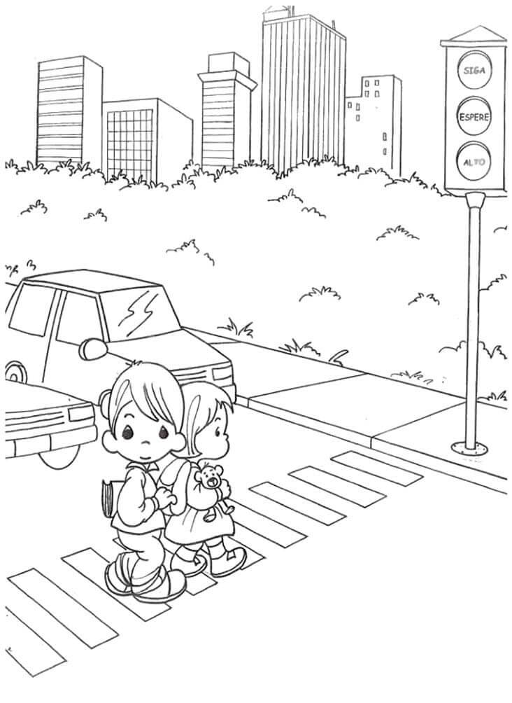Dibujo de Dos niños Caminando y Semaforo para Colorear