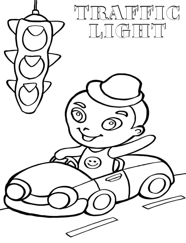 Dibujo de Niño Conduciendo Coche y Semaforo para Colorear