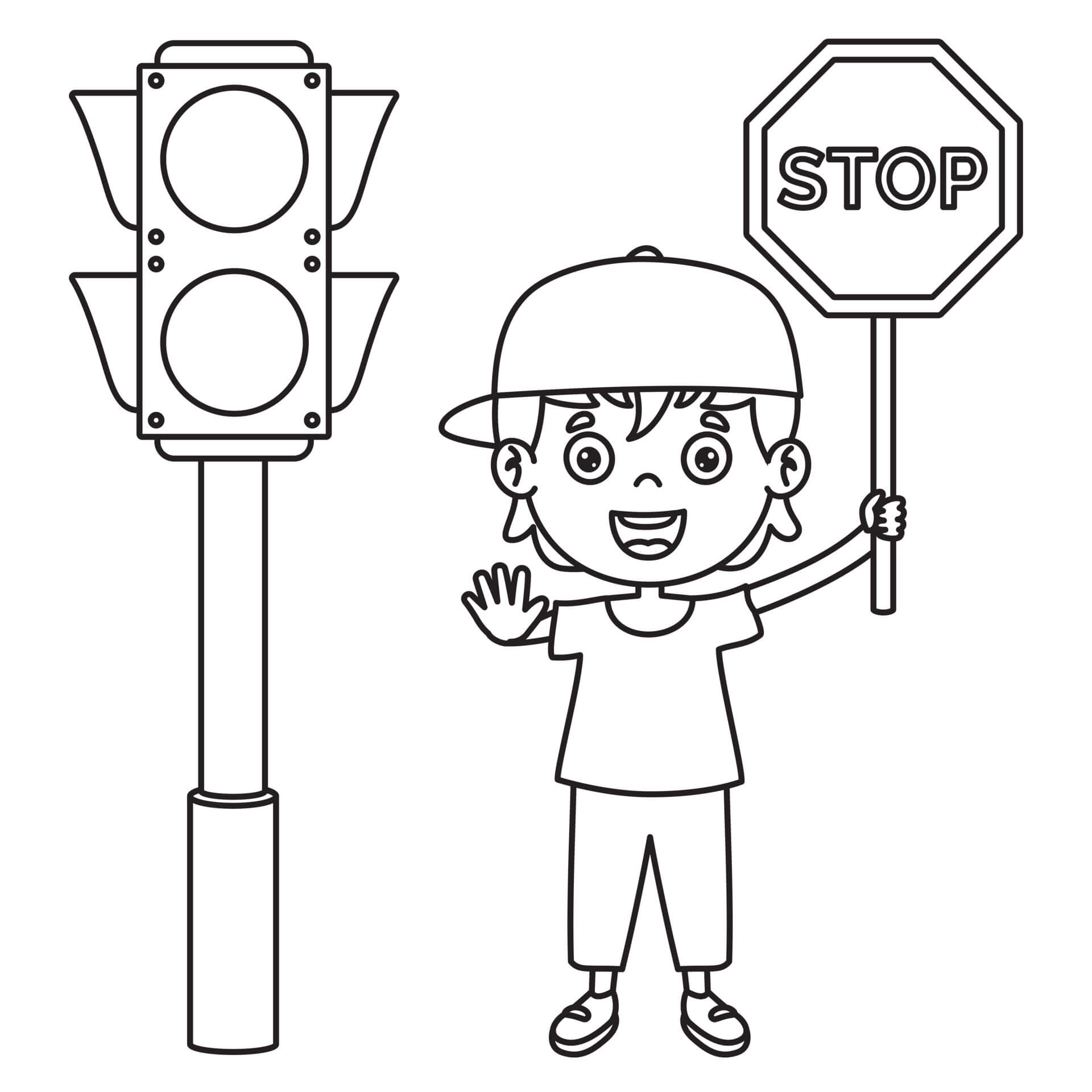 Dibujo de Niño Divertido con señal de Alto y Semaforo para Colorear