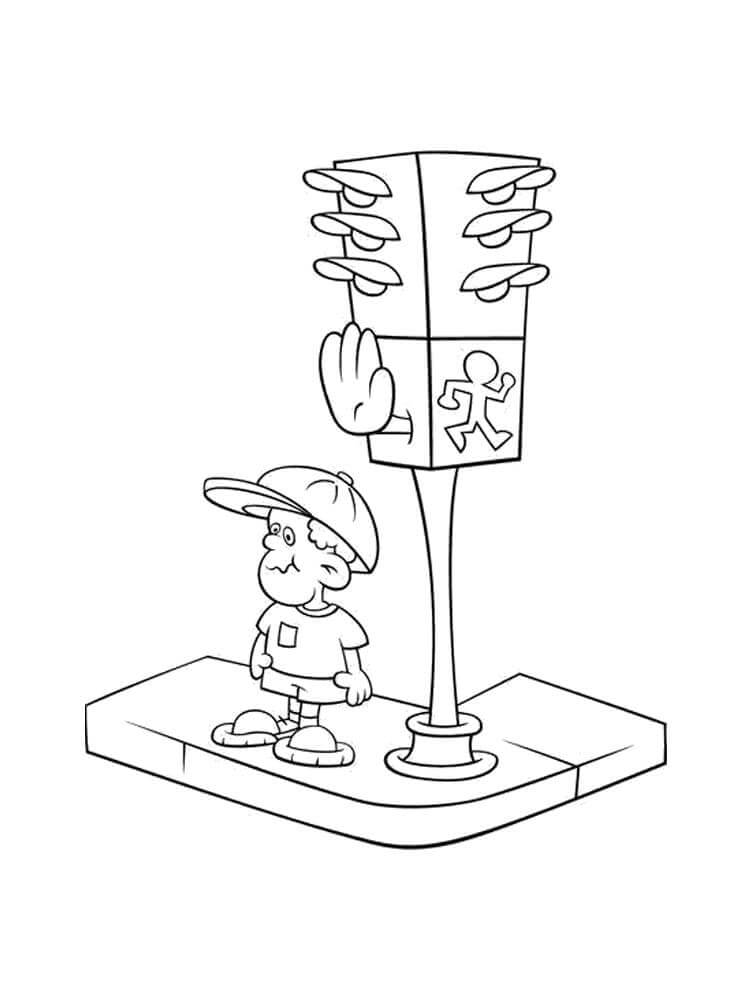 Dibujo de Niño pequeño y Semaforo para Colorear