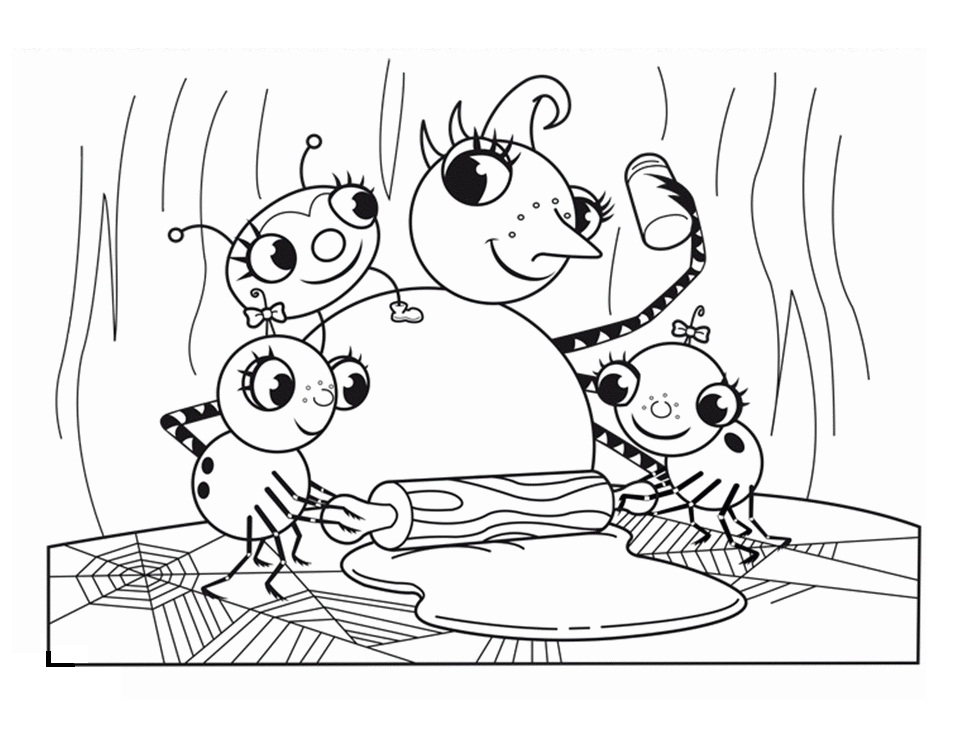 Dibujo de Señorita araña y niños para Colorear