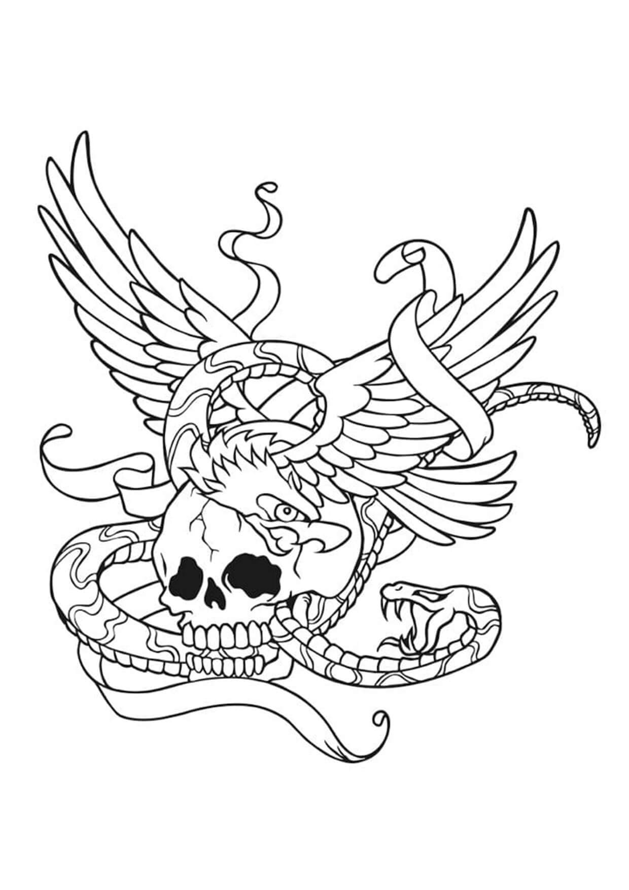 Dibujo de Calavera y Serpiente con Alas para Colorear