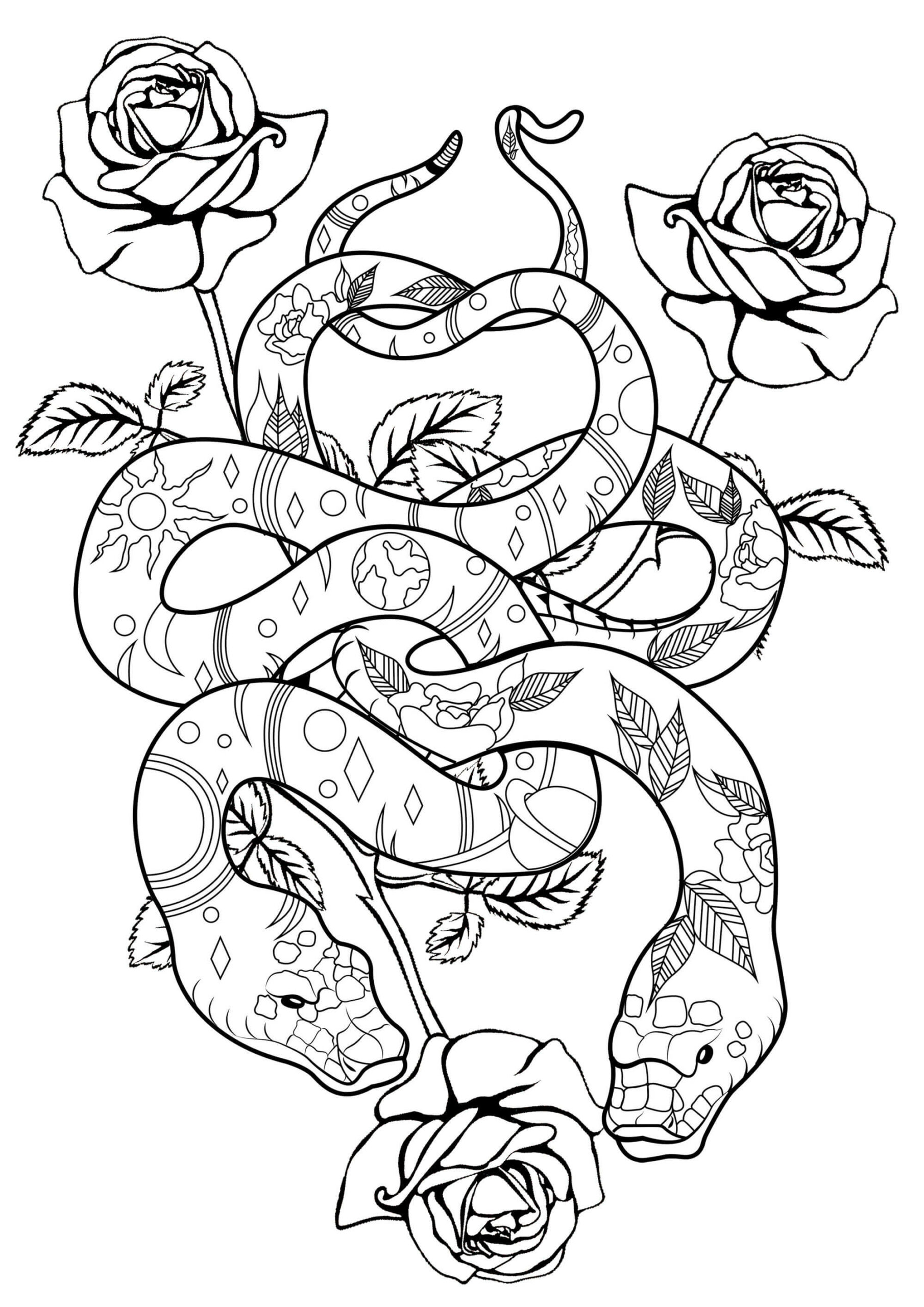 Dibujo de Dos Serpientes con Rosas Scaled para Colorear
