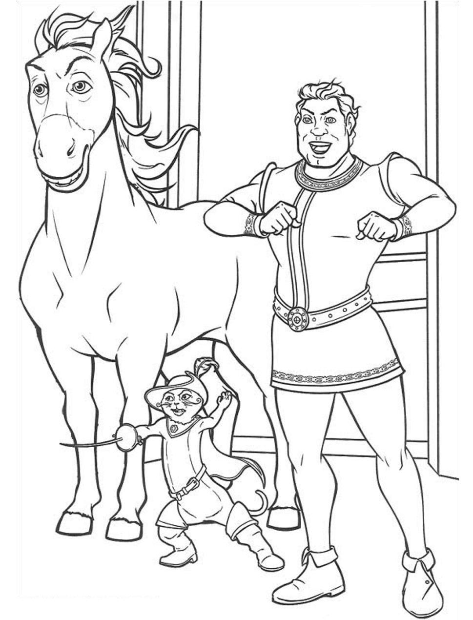 Dibujo de Burro Gato y Shrek para Colorear