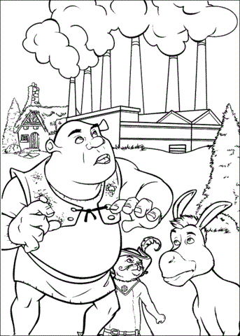 Dibujo de Shrek con Burro y Gato para Colorear