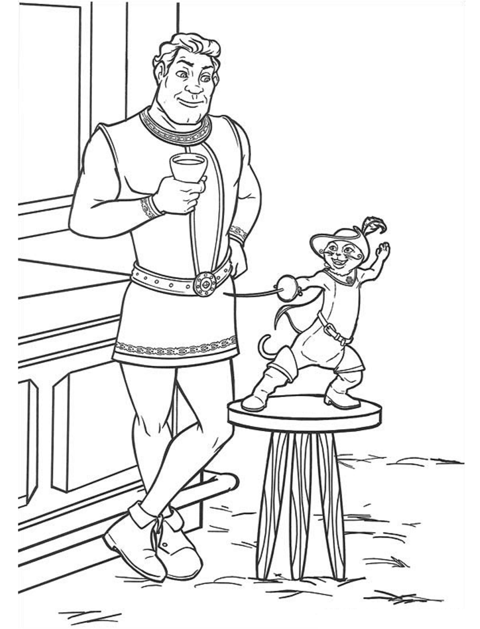 Dibujo de Shrek con el Gato con Botas para Colorear
