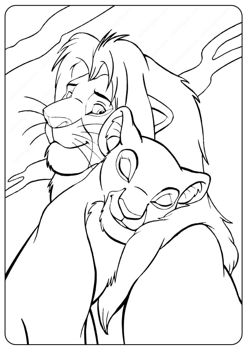 Dibujo de Nala Abrazando a Simba para Colorear