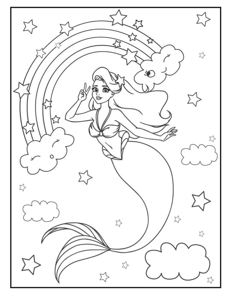 Dibujo de Hermosa Sirena y arcoíris para Colorear