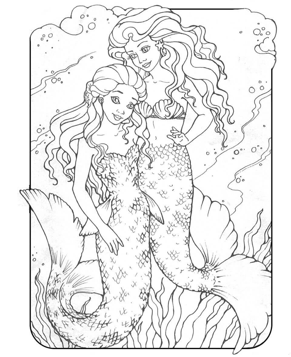 Dibujo de Madre e Hija Sirena para Colorear