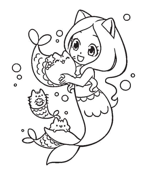 Dibujo de Pusheen con Sirena para Colorear