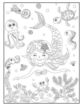 Dibujo de Sirena Sonriendo y Animal Marino para Colorear
