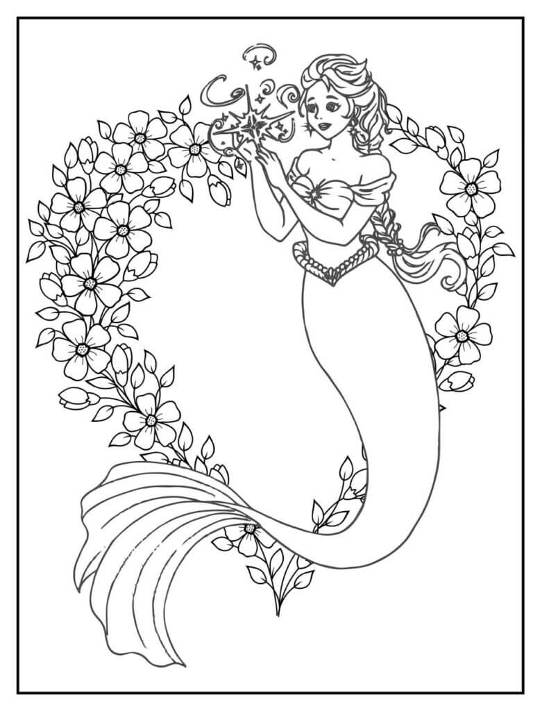 Dibujo de Sirena con Flor para Colorear