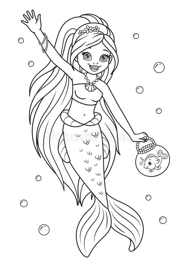 Dibujo de Sirena con Pescado para Colorear