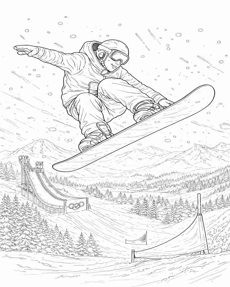 Dibujo de Snowboarder Elevandose Sobre las Pistas Nevadas para página de Colorear para Colorear
