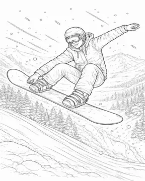 Dibujo de Snowboarder en acción Sobre Picos Nevados para página de Colorear para Colorear