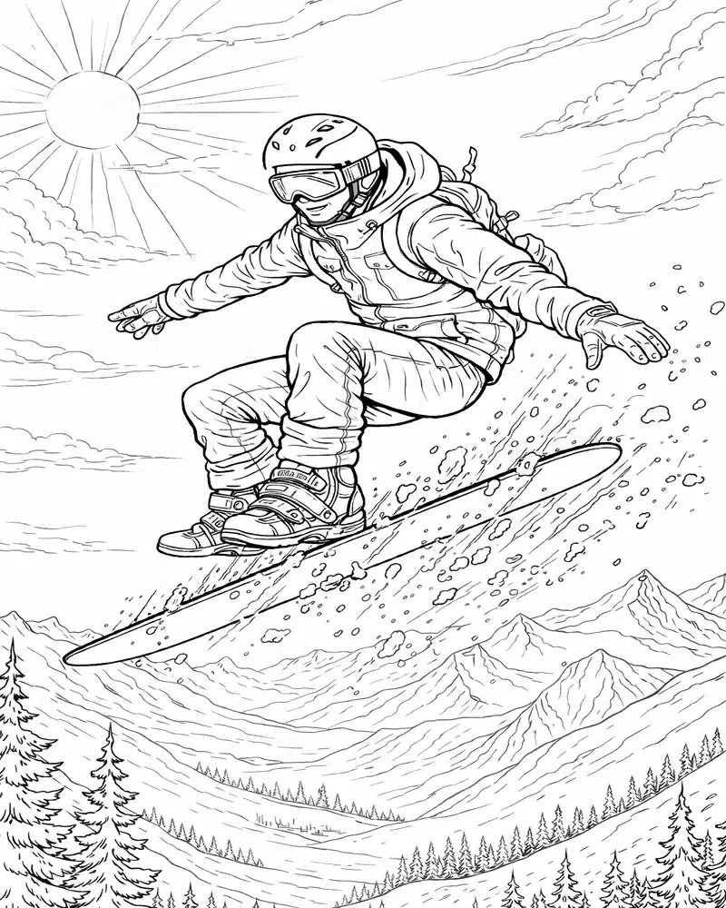 Dibujo de Snowboarder en el Aire para página de Colorear para Colorear