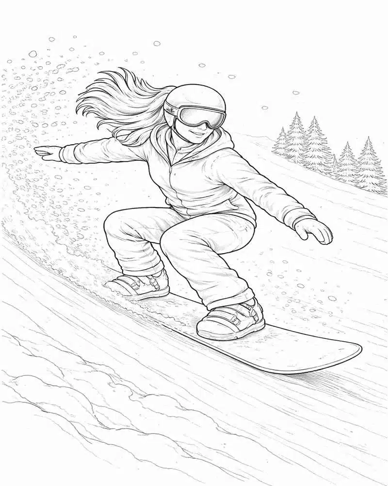 Dibujo de Snowboarder Femenina Descendiendo la Pista para página de Colorear para Colorear