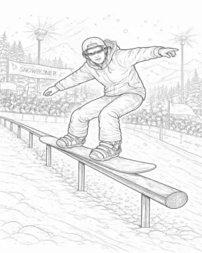 Dibujo de Snowboarder Haciendo Grinding en acción de Competencia para página de Colorear para Colorear