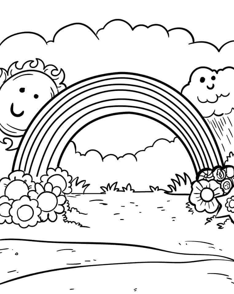 Dibujo de Arcoíris con Linda Nube y Sol para Colorear