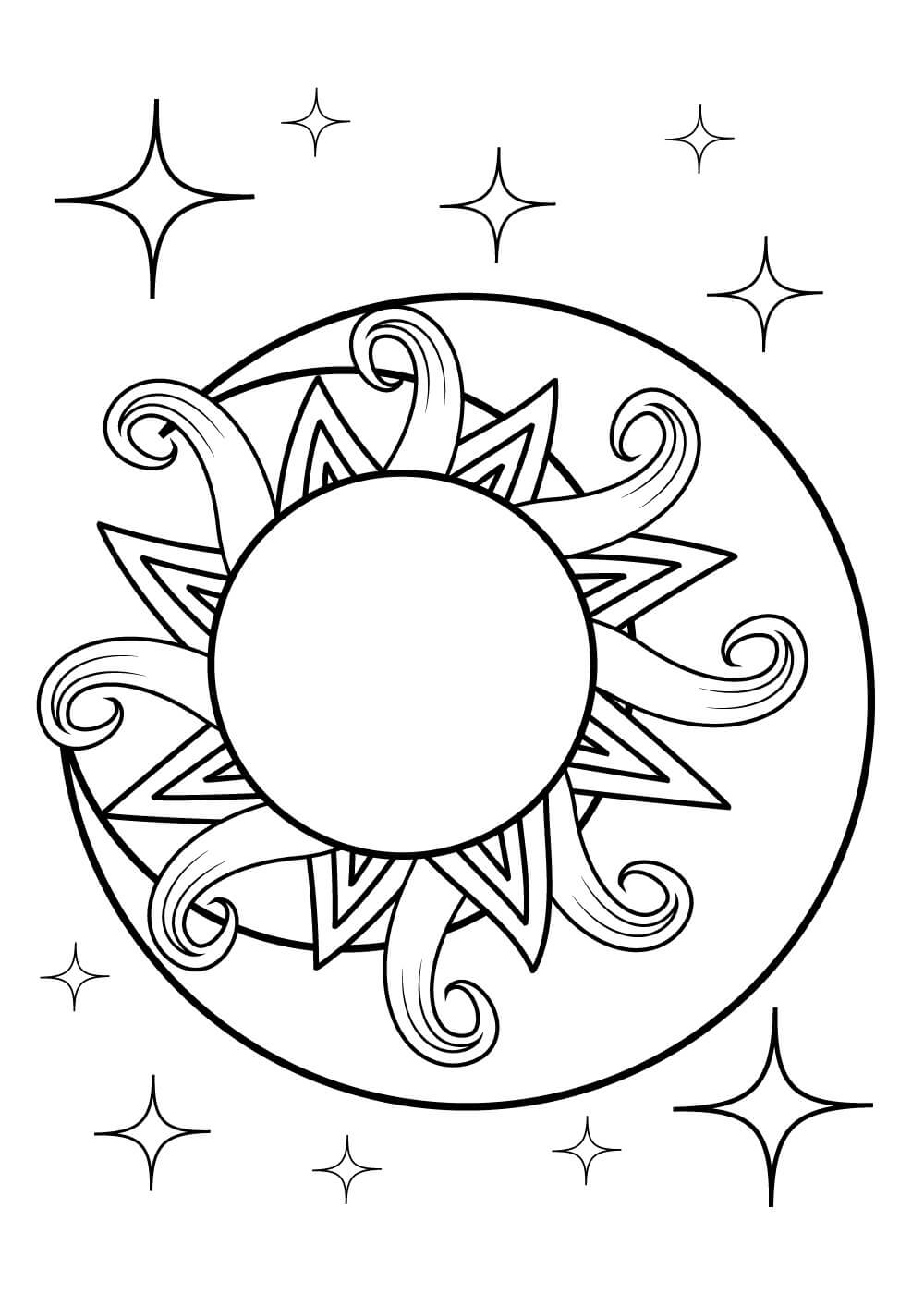 Dibujo de Sol con Luna y Estrellas para Colorear