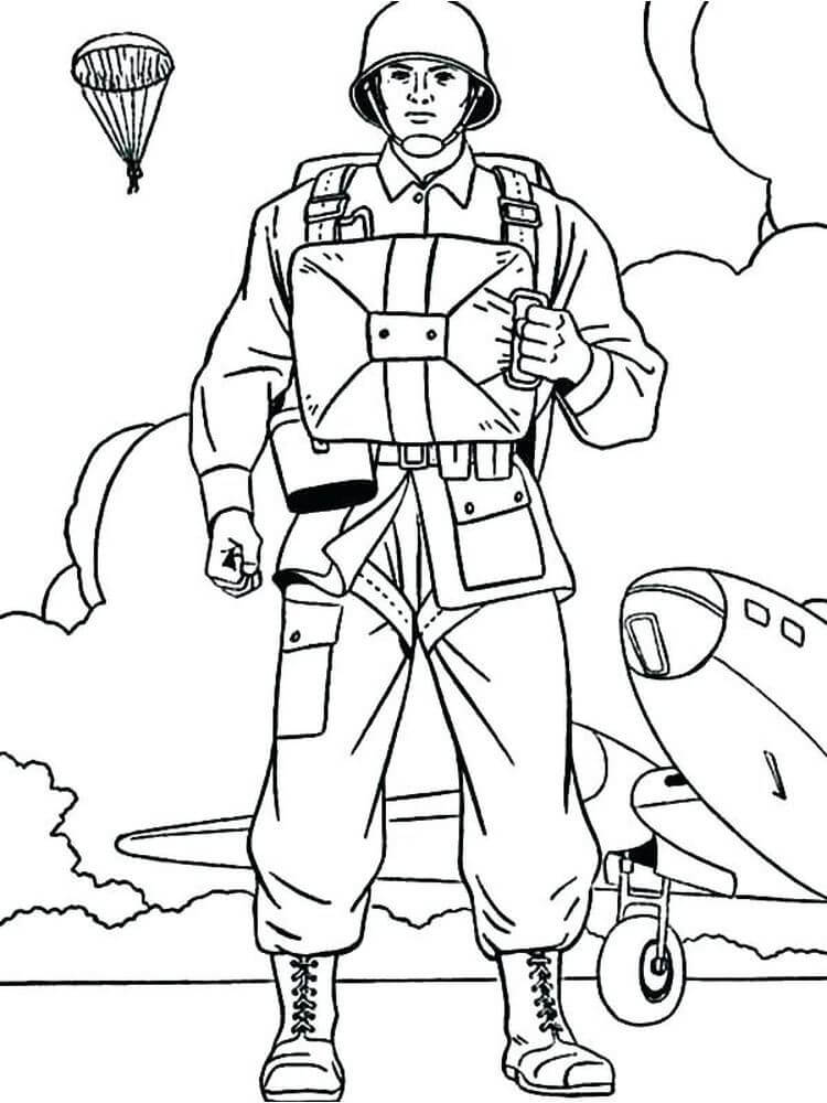 Dibujo de Soldado con Planeta y Paracaidistas para Colorear