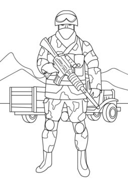 Dibujo de Soldado Sosteniendo Pistola con Coche para Colorear