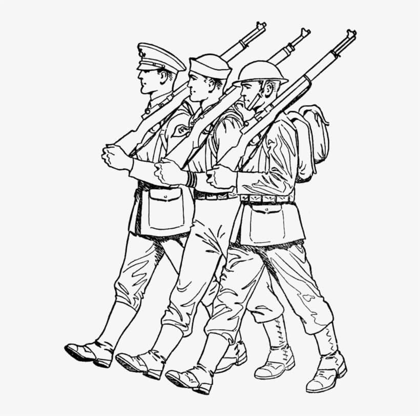 Dibujo de Tres Soldados Marchando el día de los Veteranos para Colorear
