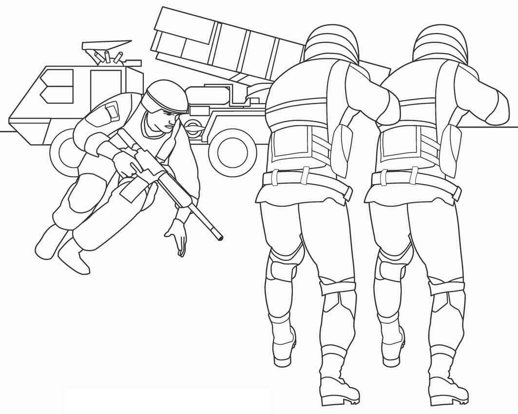 Dibujo de Tres Soldados con Coche para Colorear