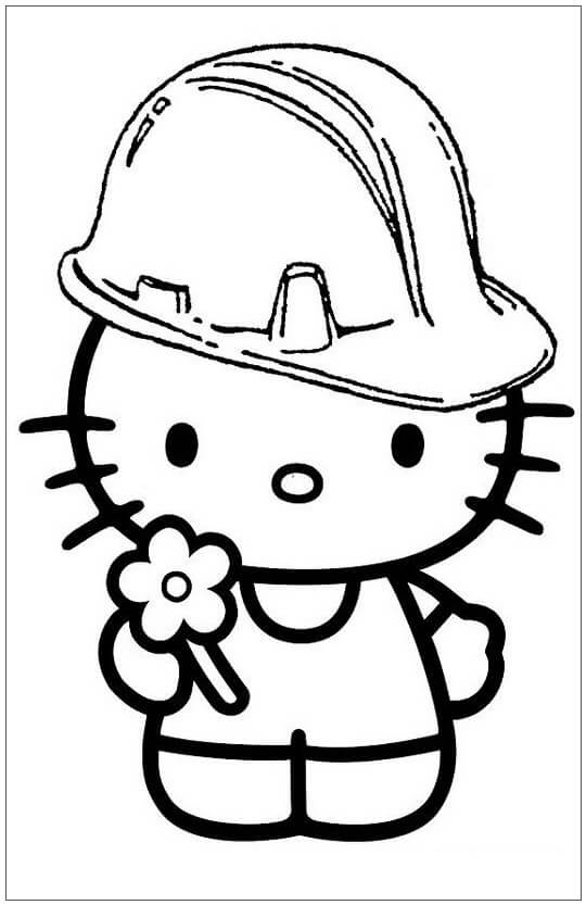 Dibujo de Hello Kitty con Sombrero de Trabajo para Colorear