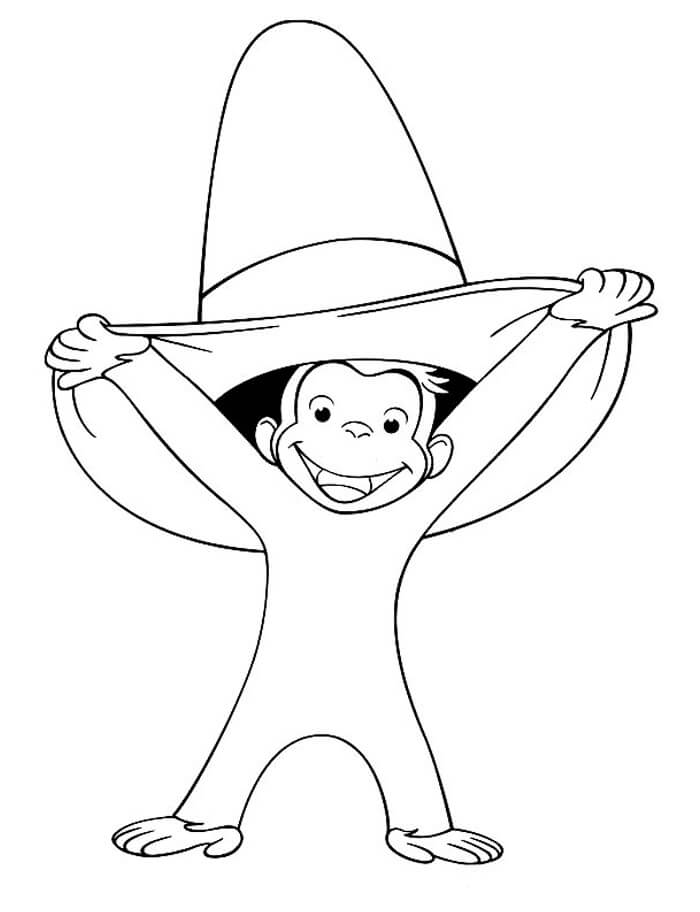 Dibujo de Mono Feliz Tenencia Sombrero Grande para Colorear