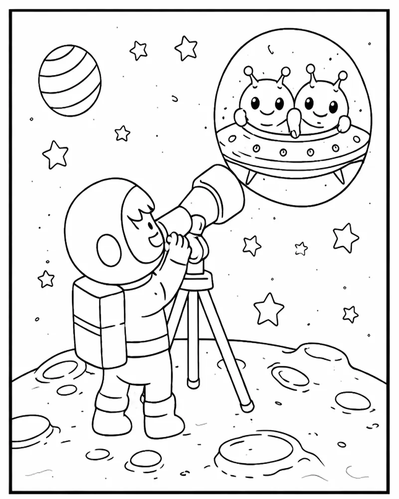 Dibujo de Astronauta Observando Extraterrestres a Traves del Telescopio para página de Colorear para Colorear