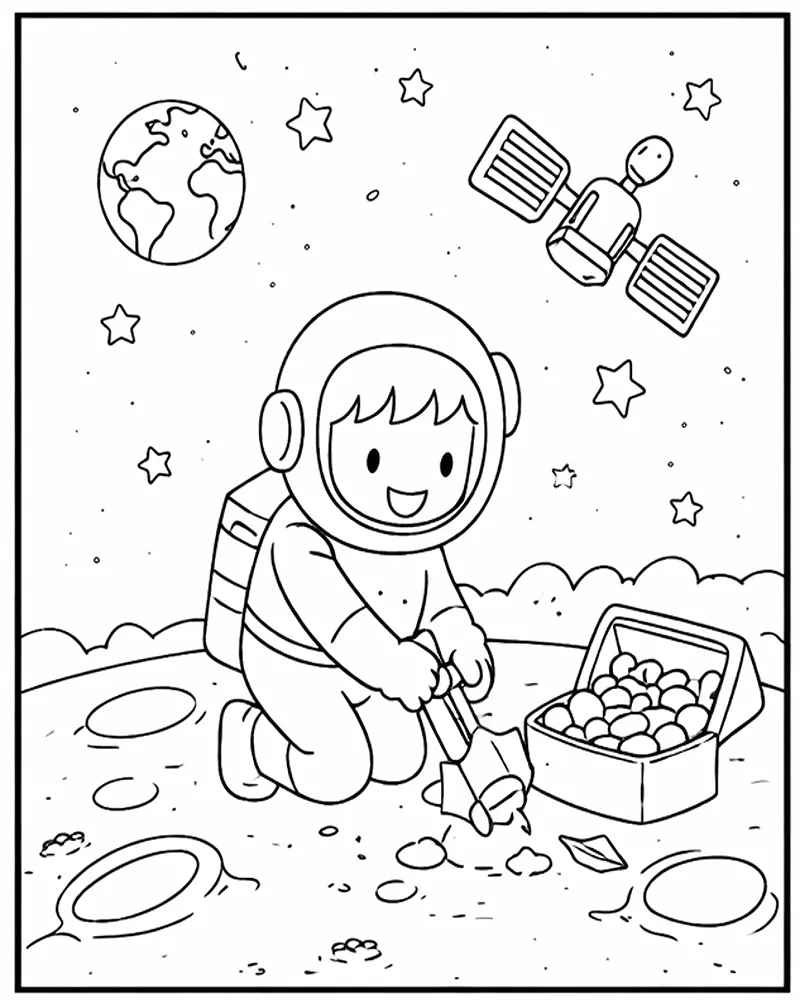 Dibujo de Astronauta Recolectando Rocas Lunares para página de Colorear para Colorear