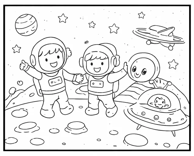 Dibujo de Astronautas Amigos en Planeta Alienigena para página de Colorear para Colorear