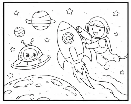 Dibujo de Despegue de Cohete Hacia el Espacio para página de Colorear para Colorear
