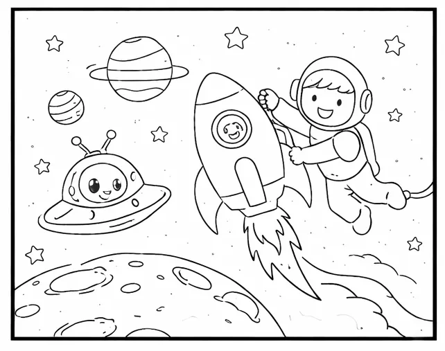 Dibujo de Despegue de Cohete Hacia el Espacio para página de Colorear para Colorear