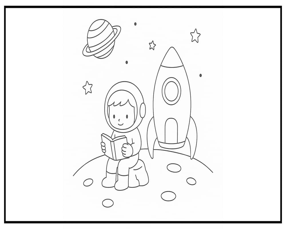 Dibujo de Niños Leyendo en el Espacio Exterior para página de Colorear para Colorear