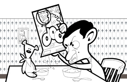 Dibujo de Mr Bean y Teddy Comiendo para Colorear