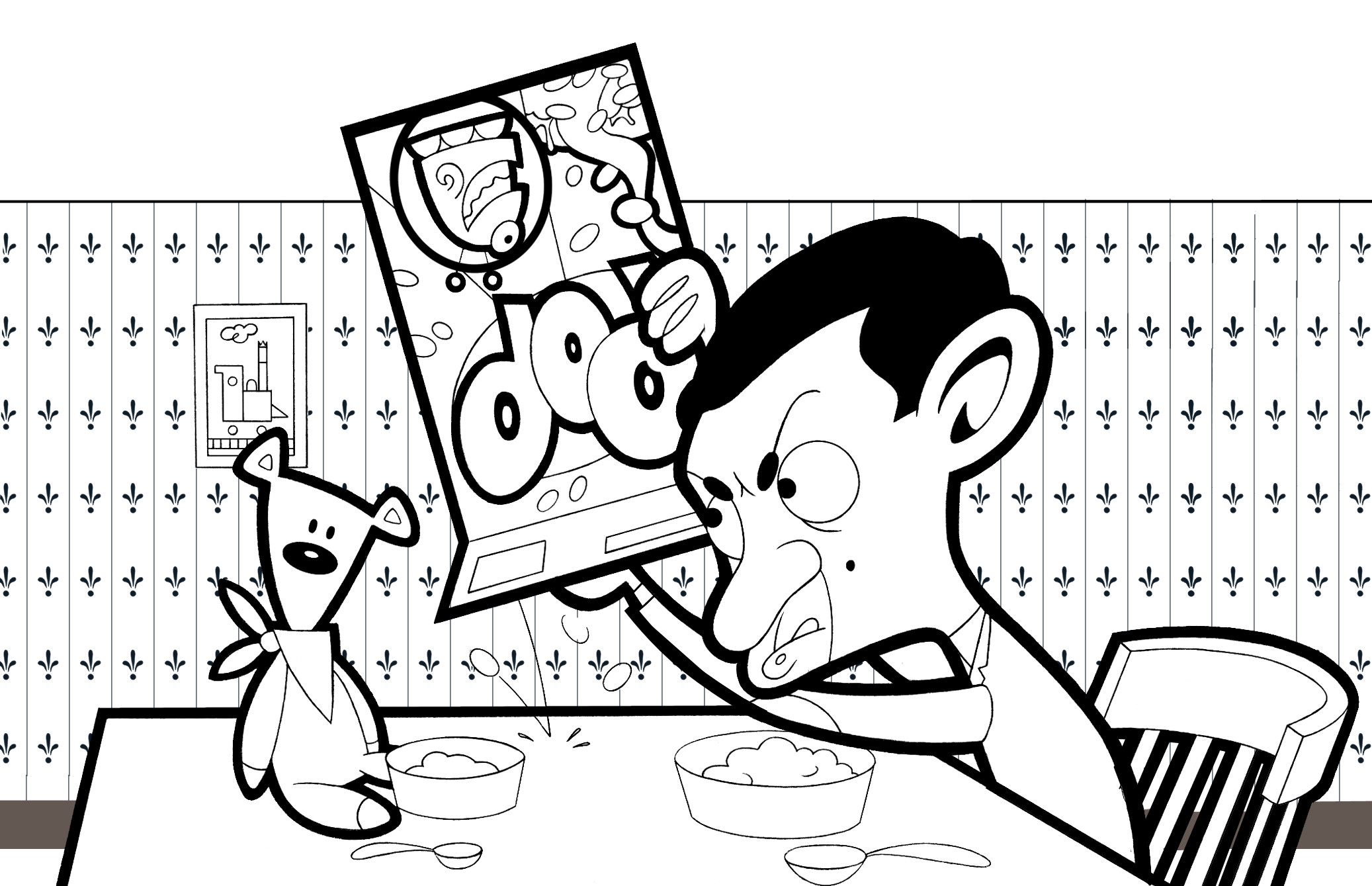Dibujo de Mr Bean y Teddy Comiendo para Colorear