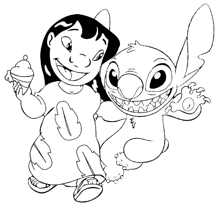 Dibujo de Lilo Sosteniendo Helado y Stitch para Colorear