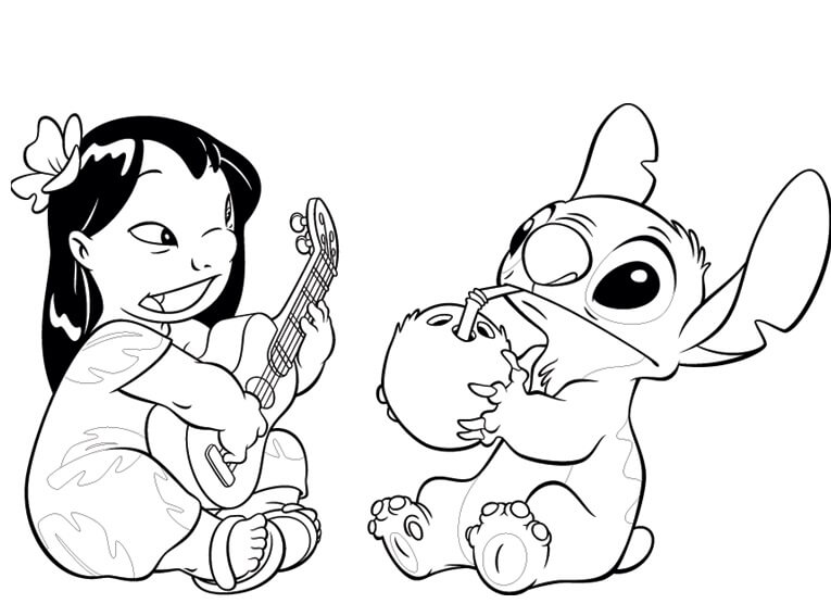 Dibujo de Lilo Tocando la Guitarra y Stitch Bebiendo Agua de Coco para Colorear