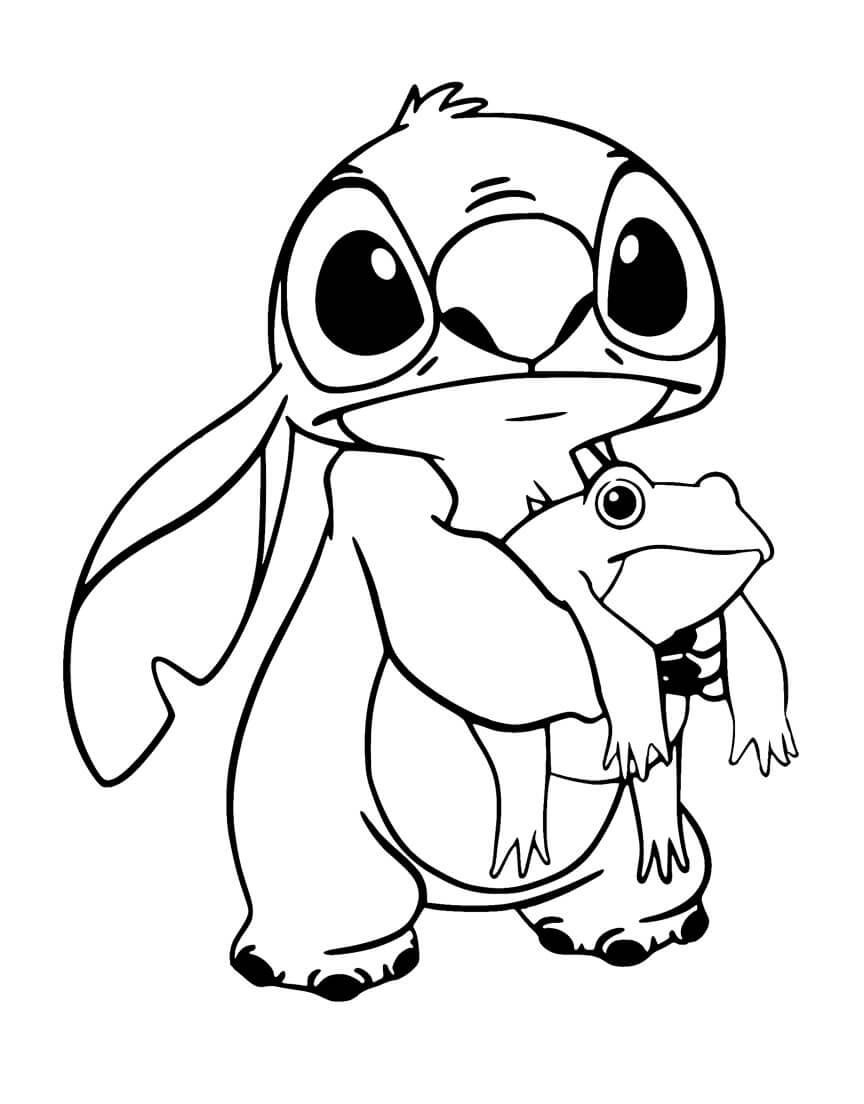 Dibujo de Stitch Sosteniendo Rana para Colorear