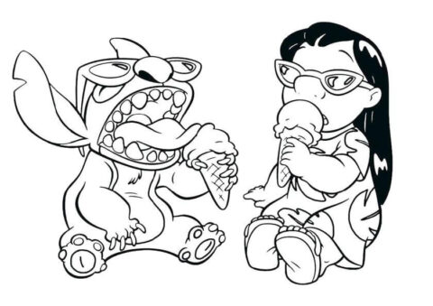 Dibujo de Stitch y Lilo Comiendo Helado para Colorear