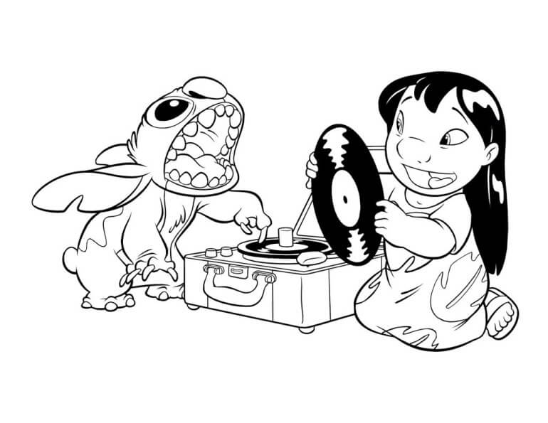Dibujo de Stitch y Lilo Escuchan música para Colorear