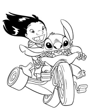 Dibujo de Stitch y Lilo Montan Bicicletas Juntos para Colorear