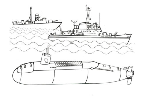 Dibujo de Submarino y Dos Barcos para Colorear