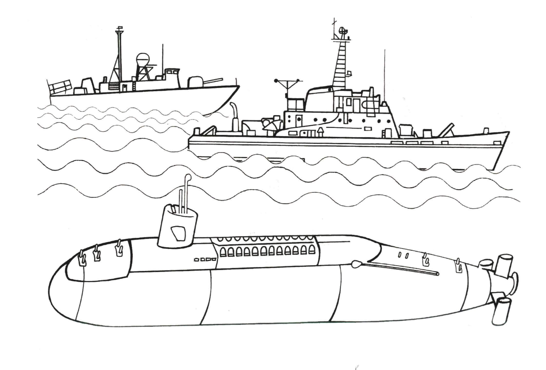 Dibujo de Submarino y Dos Barcos para Colorear