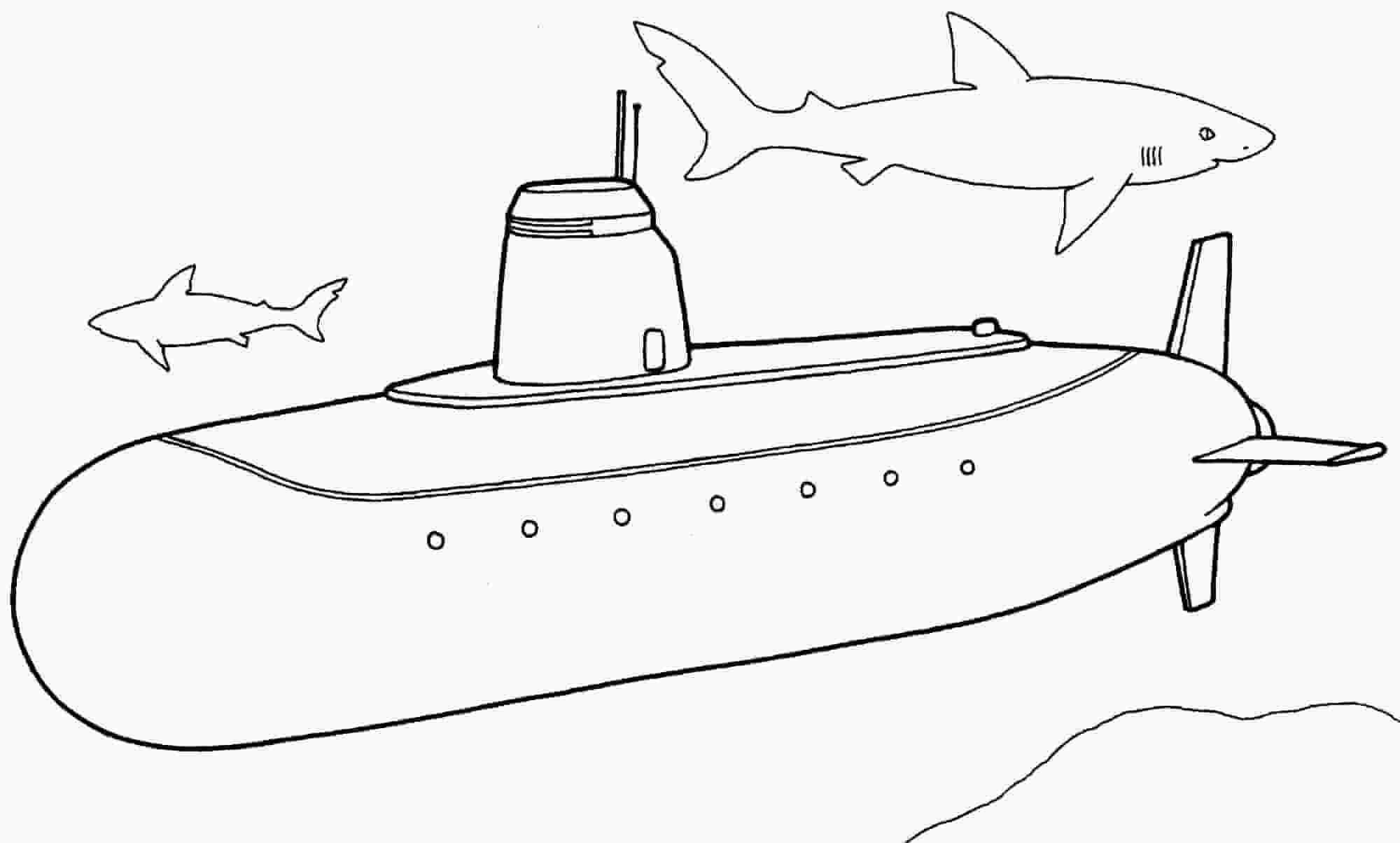 Dibujo de Submarino y Dos Tiburones para Colorear