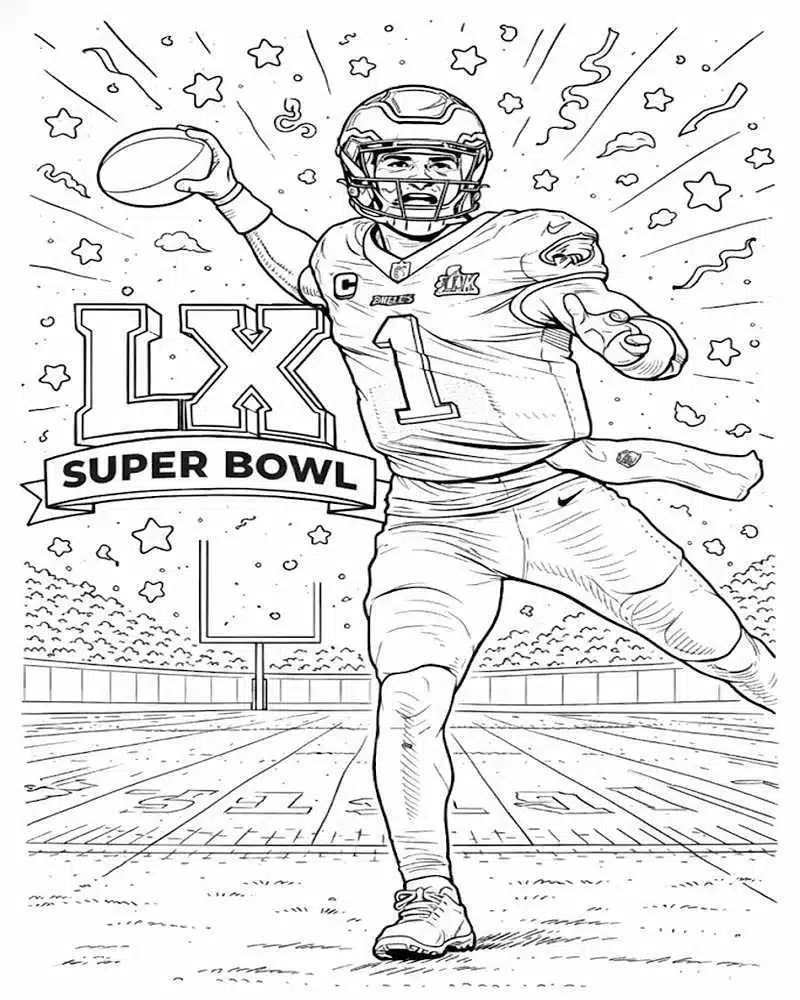 Dibujo de Liderando en acción del Super Bowl Lx 2026 para página de Colorear para Colorear