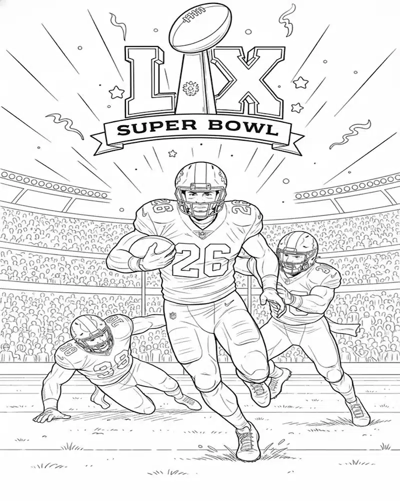Dibujo de Super Bowl Lx 2026 de Vuelta en acción para página de Colorear para Colorear
