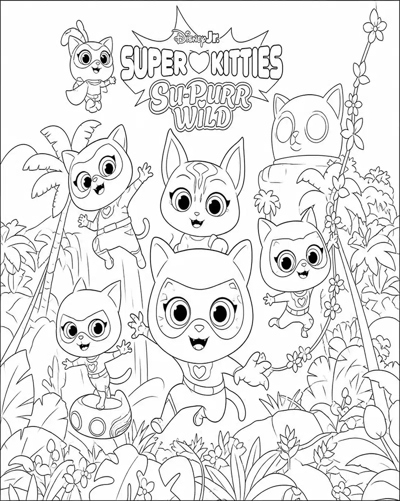 Dibujo de Superkitties Aventura en la Jungla Equipo página para Colorear